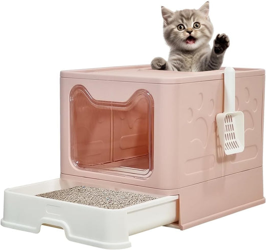 Cat Litter Box with Front Entry & Top Exit, Transparent Door, Sand Filter Pedal, Litter Scoop, and Drawer Type, Foldable Cat Litter house box for Indoor Cats, Easy to Clean