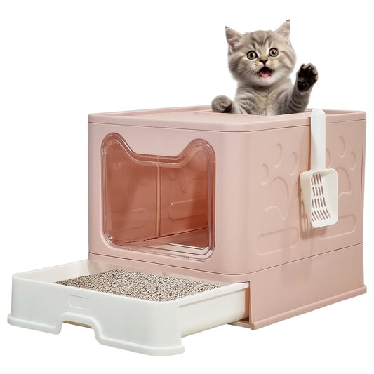 Foldable enclosed cat litter box with Top & Front entry, Transparent door, Sand filter pedal, Litter scoop, and Drawer type, Splash-proof design cat toilet for Indoor cats, Easy to clean 50 cm (Pink)