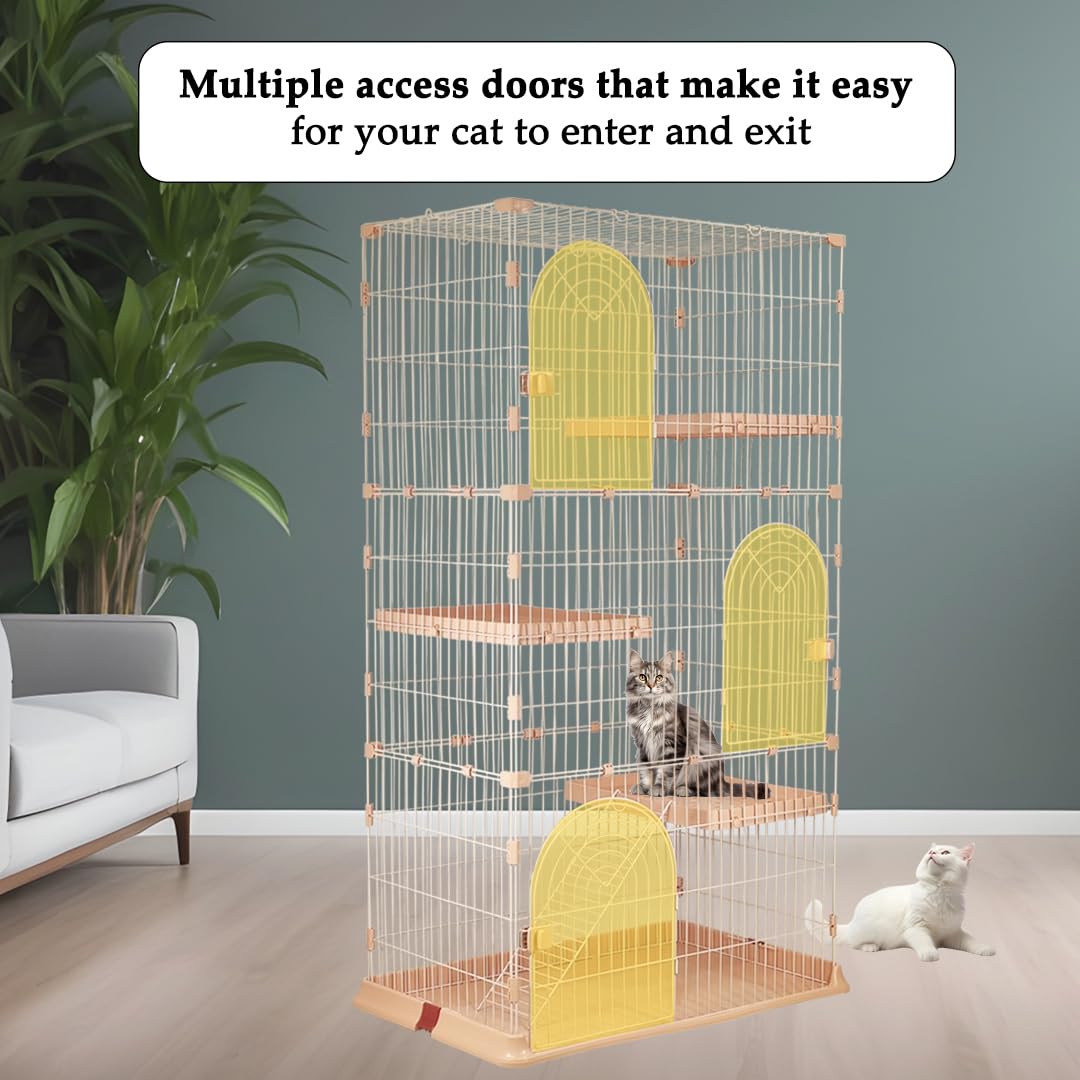 NNC PETS Large Cat Cage Playpen Kennel with Metal Wire - 177cm 3-Tier Cat Crate House - 3-lockable Doors, Wide Platforms, Climbing Ladder & Leak-Proof Plastic Base - Easy to Assemble (Pink, Large)