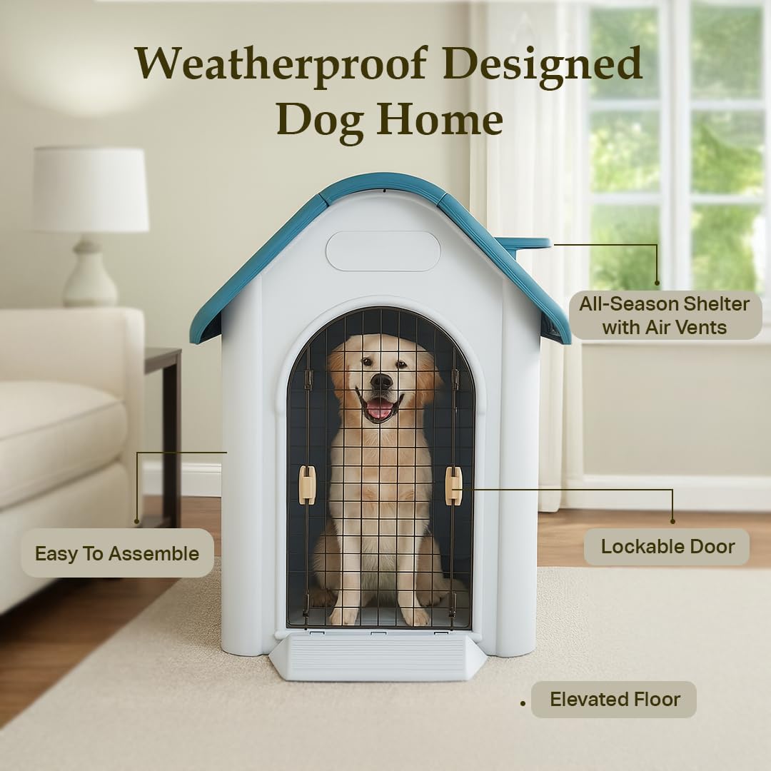 Dog House Outdoor for Small to Large Dogs | Plastic Waterproof & Weatherproof Designed Dog Home | All-Season Shelter with Air Vents, Lockable Door & Elevated Floor, Easy To Assemble (Grey, 113cm)