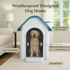 Dog House Outdoor for Small to Large Dogs | Plastic Waterproof & Weatherproof Designed Dog Home | All-Season Shelter with Air Vents, Lockable Door & Elevated Floor, Easy To Assemble (Grey, 113cm)