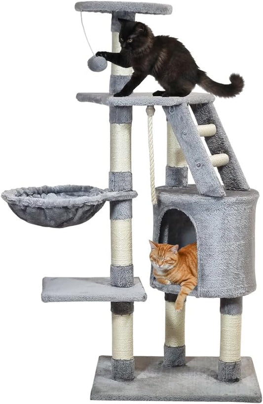 Modern cat tree with Enclosed cat condo, Plush perch, Cozy Hammock, Sisal scratching post, and climbing ladder, Sturdy multi-level cat tower for Indoor cats & Kittens, Easy assembly, 118 cm (Grey)