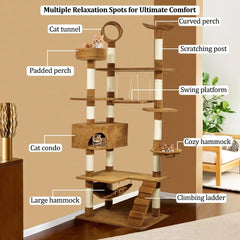 Large Cat Tree - 210 cm Cat Tower for Indoor Cats - Dangling Ball, Cozy Hammocks, Cat Scratching Posts & Durable Cat Condo - Cat Activity Center for Climbing & Playing (Chocolate, Large)