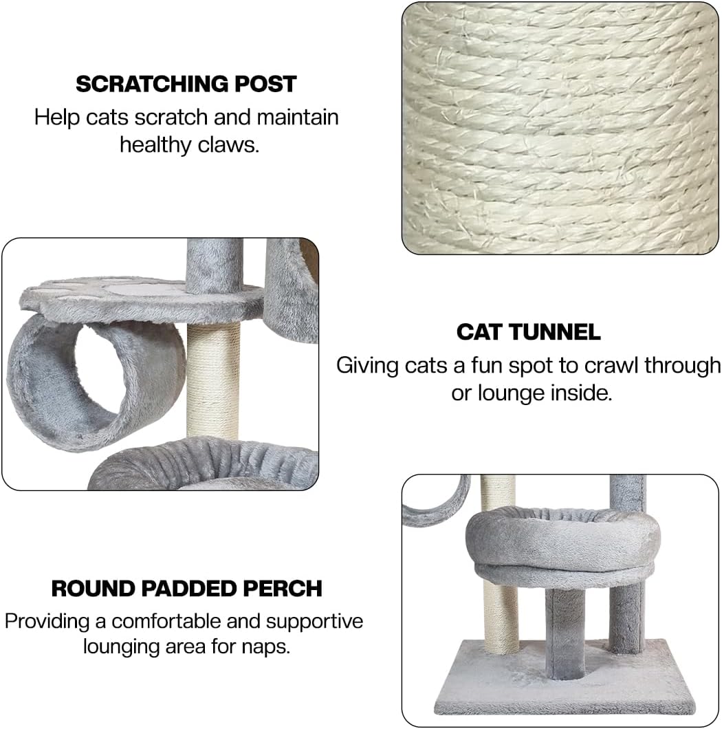 Cat tree for Indoor cats & Kittens, Space-saving cat climbing tower with Elevated perch, Hanging toys, Sisal scratching post, Soft plush condo, and Tunnel bed, Easy to assemble, 90 cm (Grey)