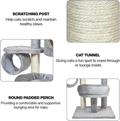 Cat tree for Indoor cats & Kittens, Space-saving cat climbing tower with Elevated perch, Hanging toys, Sisal scratching post, Soft plush condo, and Tunnel bed, Easy to assemble, 90 cm (Grey)