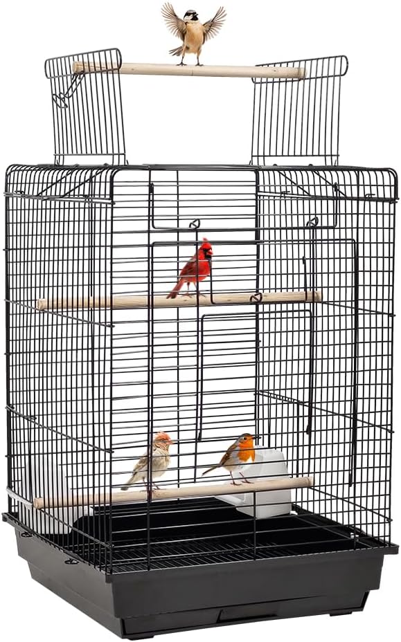 Black Bird Cage - Open Roof Top with Feeding Bowls, Removable Tray, Perfect for Budgies, Canaries, and Cockatiels (73 cm)