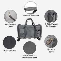 Pet stroller bag, Multifunctional cat & dog rolling luggage bag with Ventilated design, Telescopic handle, Side pockets, Shoulder straps, and Detachable roller wheels, Airline approved 90 cm (Grey)