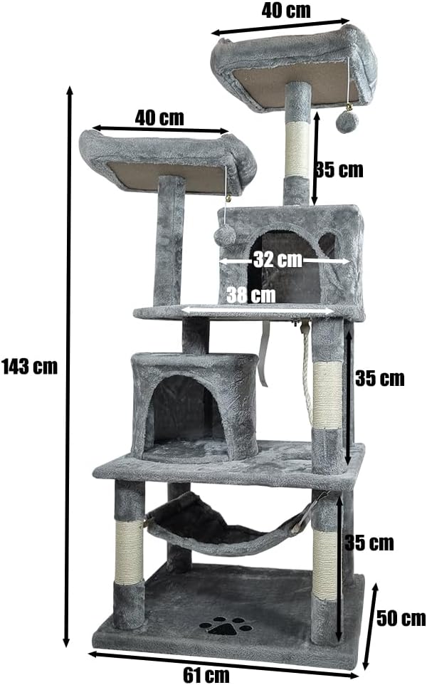 Cat tree tower with Multiple perches, Dangling balls, Sisal scratching post, Spacious cat condos, and Cozy hammock, Multi-level cat tree activity center for indoor cats, Easy assembly 143 cm (Grey)