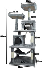 Cat tree tower with Multiple perches, Dangling balls, Sisal scratching post, Spacious cat condos, and Cozy hammock, Multi-level cat tree activity center for indoor cats, Easy assembly 143 cm (Grey)