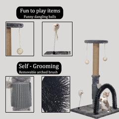 Cat tree scratcher with Perch, Hanging toys, Natural sisal scratching post, Punching toy, and Arch self-grooming brush, Cat climbing tower for indoor cats, Easy to assemble 76 cm (Grey)