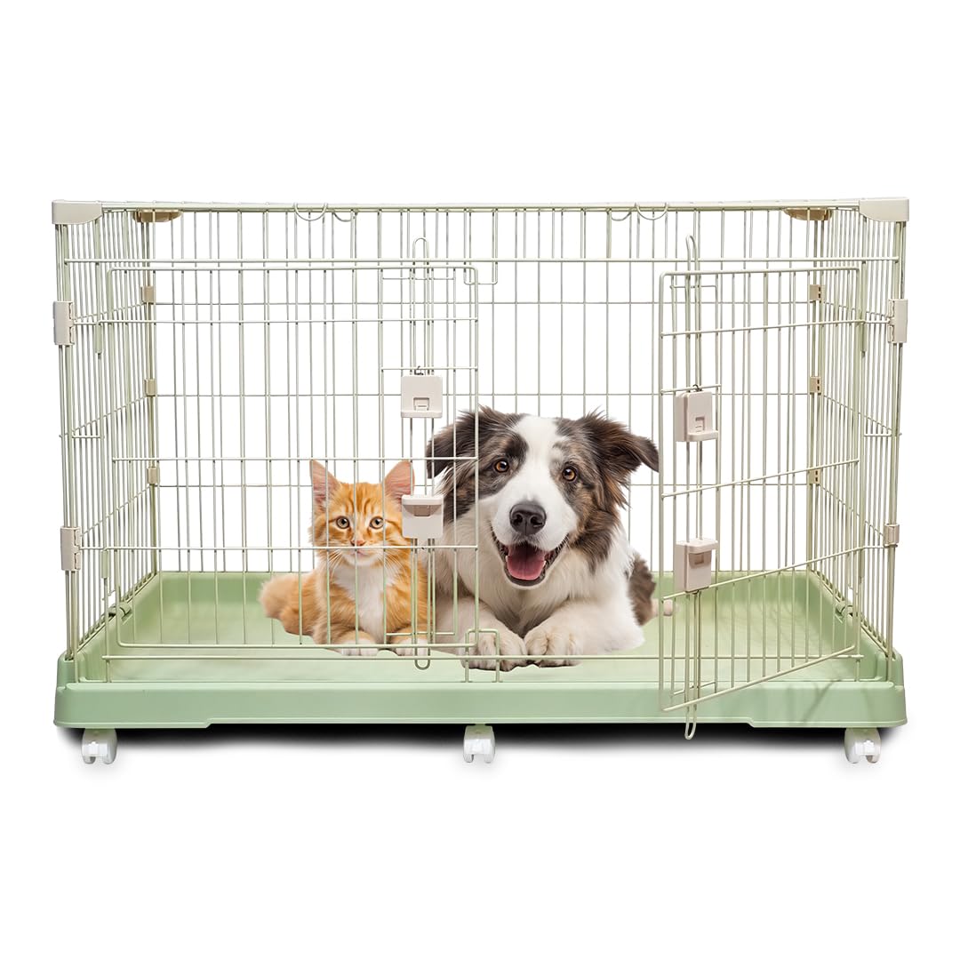 Portable Cat Cage with Secure Lock, Wheels, and Heavy-Duty Metal Wire, 98 Pet Cage with Wide Front Door, All size of pets, Pet Kennel, Easy Assemble & Easy to Clean, Indoor-Outdoor Cage (Green)