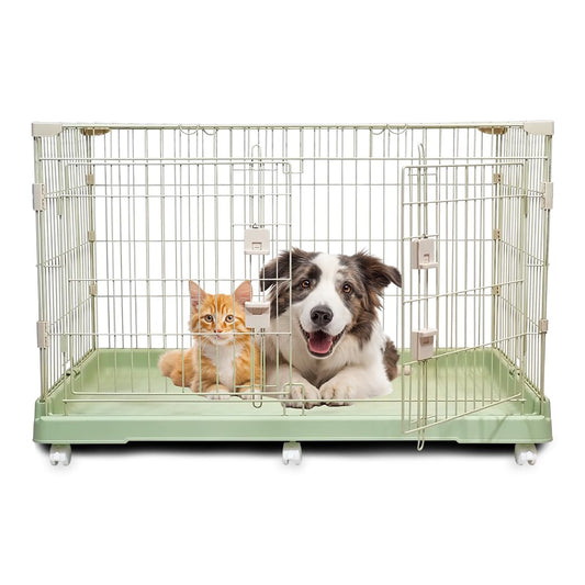 Portable Cat Cage with Secure Lock, Wheels, and Heavy-Duty Metal Wire, 98 Pet Cage with Wide Front Door, All size of pets, Pet Kennel, Easy Assemble & Easy to Clean, Indoor-Outdoor Cage (Green)