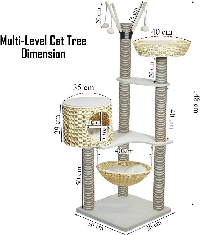 Cat tree with woven baskets, Scratching posts, Swing Hammock & Dangling balls, 148 cm Multi-level cat furniture for all cats, Large cat tower with Soft cushion, Large platforms & Condo (Beige)