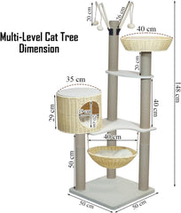 Cat tree with woven baskets, Scratching posts, Swing Hammock & Dangling balls, 148 cm Multi-level cat furniture for all cats, Large cat tower with Soft cushion, Large platforms & Condo (Beige)
