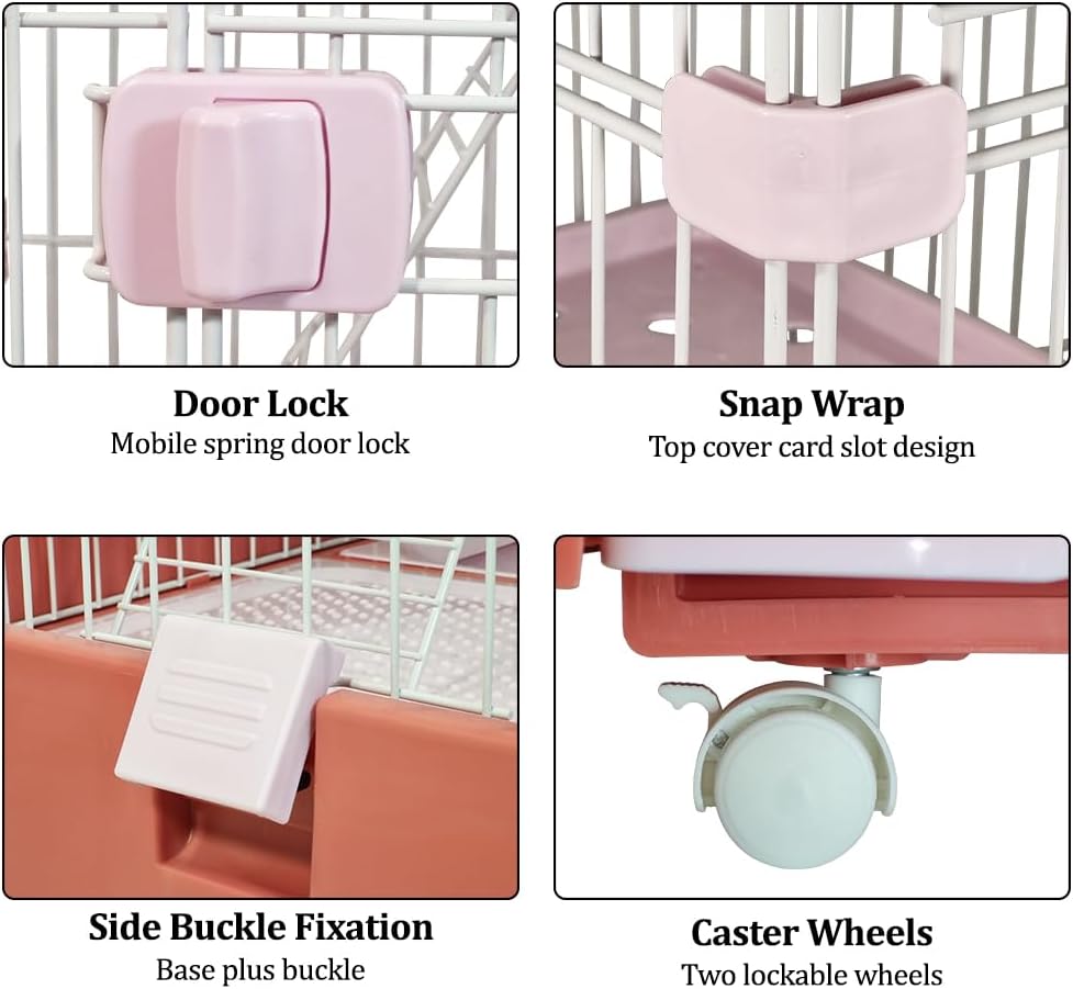 Large Cat Cage - Multi-level Cat House with Hammock, Plastic Perches, Climbing ladder, Litter Box Area and Universal wheels, 4-Tier Metal Pet Cage for Indoor Cats & Kittens 186 cm (Pink)