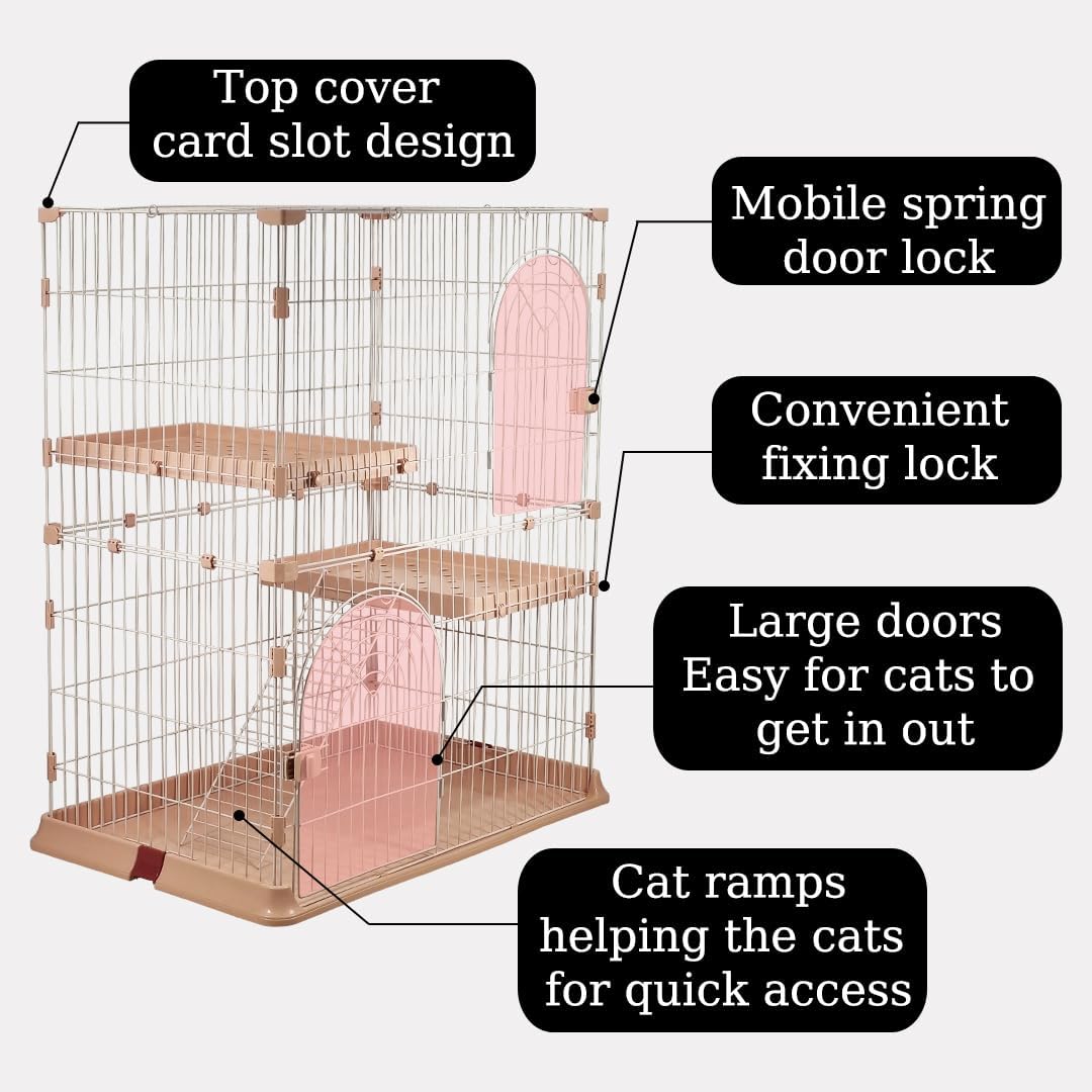 Cat cage with Durable metal wire, Wide plastic perch, Lockable door, and Climbing ladder, double-layer cat cage enclosure for Cats & Kittens, Suitable for indoor/outdoor use 117 cm (Pink)