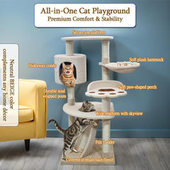 Multi-level Cat Tree for Big Cats | 111cm Cat Tower with Top Perch | Cozy Condo, Soft Hammock & Paw Shape Perch | Indoor Cat Playground with Sisal ladder, Sisal Scratching Posts
