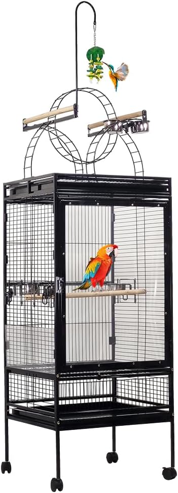 Large bird cage with Clear acrylic door, Play-top area, Wooden perch, Stainless steel feeding bowls, Removable tray, and Universal wheels. Ideal for Cockatiels, Parrots, and Parakeets 217 cm (Black)