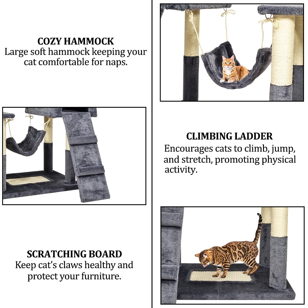 Multi-level Cat Tree Indoor Large - 180cm Cat Tower - Cat Scratching Post with Soft Perches - Dangling Ball and Comfortable Cat Condo, Durable Pet House for Indoor Cats (Dark Grey)