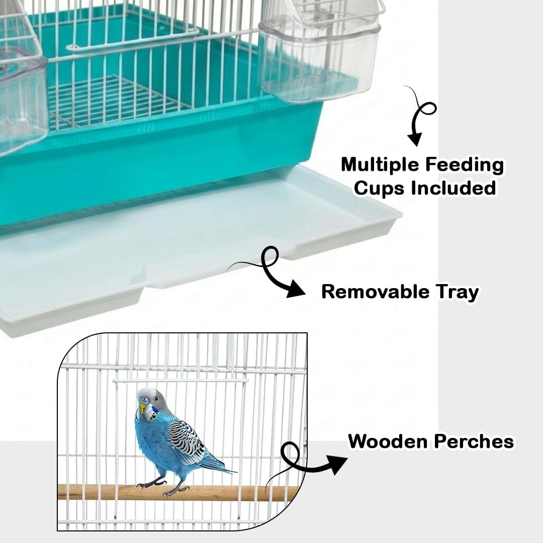Small Bird Cage with Perches, Feeders and Swing, Ideal for Parakeets, Lovebirds, and Small Parrots, 62 cm Metal Cage with Hanging, Pull-out Tray, Portable, Durable and Top-Roof Design (Cyan)
