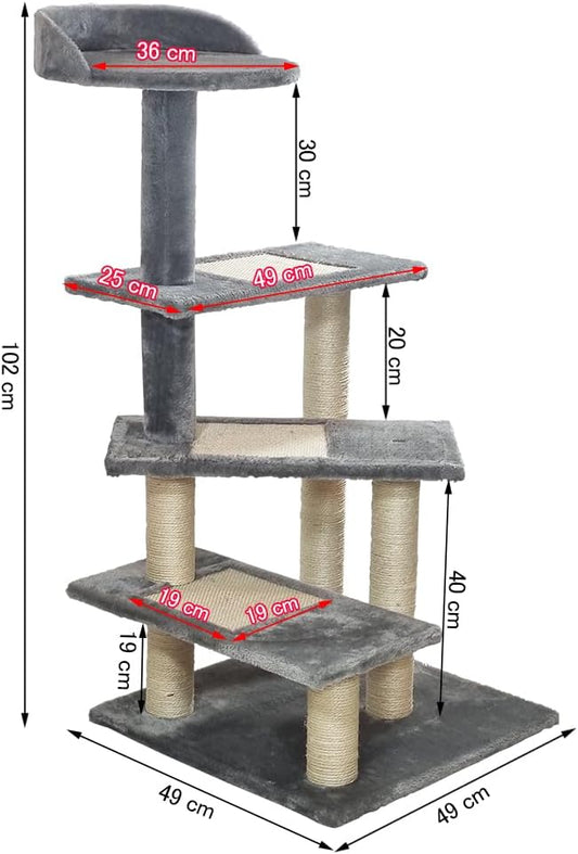 Cat Tree for Large Cats | Cat Tower House with Climbing Ladders | Soft Plush Fabric and Durable Activity Tower with Top Perch | Sisal carpets & Scratching posts, 102 cm (Grey)
