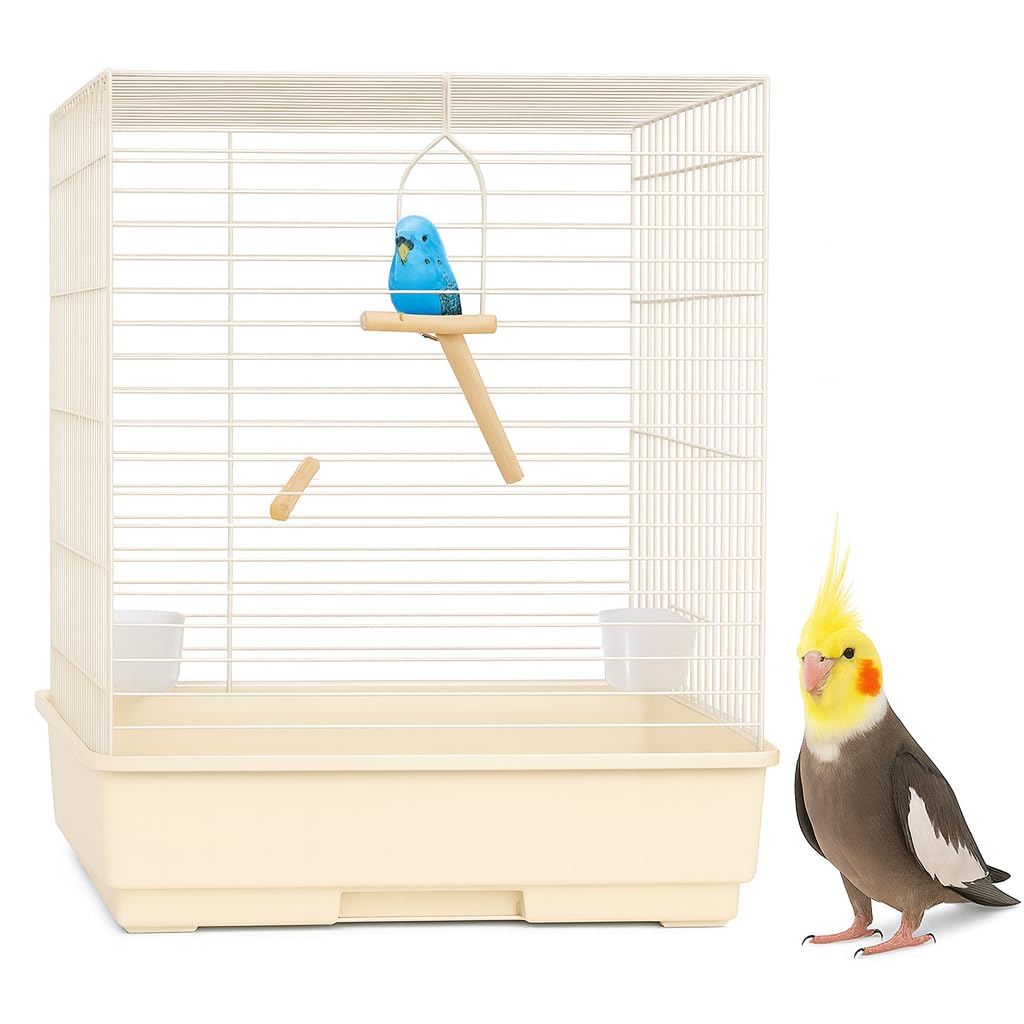 Small Bird Cage for Parakeets, Cockatiels, Lovebird & Parrot Metal Cage with Climbing ladder & Feeding Cups - Removable Tray, Detachable Base & Bottom Shelf (White, Small)