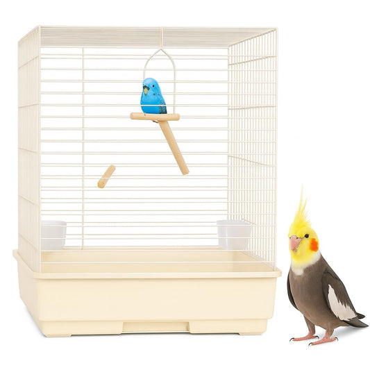 Small Bird Cage for Parakeets, Cockatiels, Lovebird & Parrot Metal Cage with Climbing ladder & Feeding Cups - Removable Tray, Detachable Base & Bottom Shelf (White, Small)