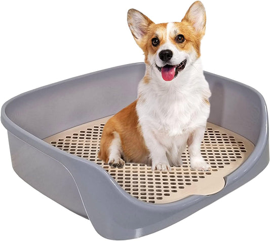 Dog training toilet with Raised fence, Pee post, and Detachable grid, Durable plastic dog tray for small to medium dogs, Keep paws dry and floor clean, Indoor & outdoor use 47 cm