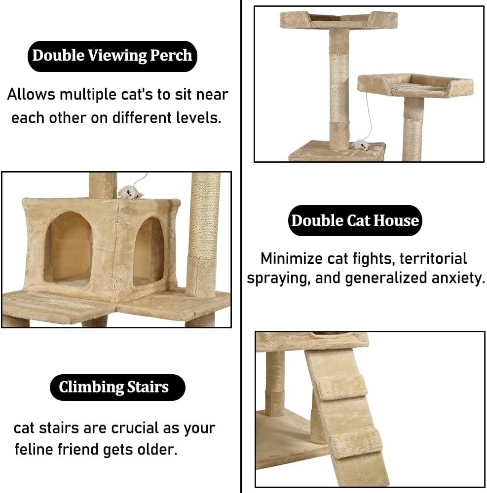 Multi-level cat tree tower with Double perches, Sisal scratching post, Spacious cat condos, and Climbing ladder, Durable cat tree tower for indoor cats, Interactive cat playhouse 170 cm (Beige)