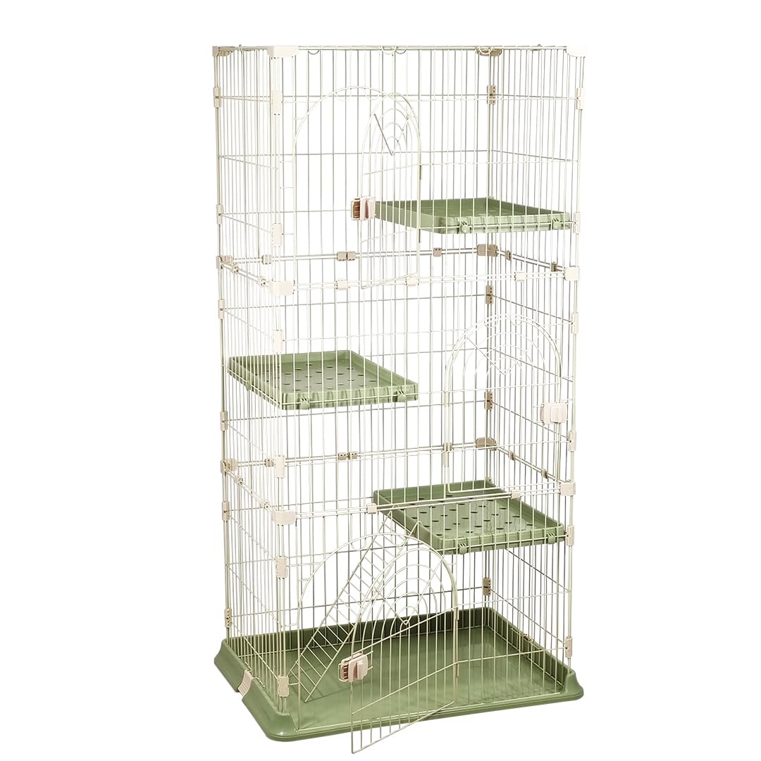 NNC PETS 3-Tier Cat Cage Playpen Kennel with Metal Wire - 162cm Large Cat Crate House - 3-lockable Doors, Wide Platforms, Climbing Ladder & Leak-Proof Base - Easy to Assemble (Green, Large)