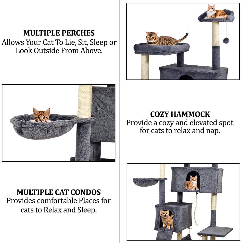 Multi-level Cat Tree Indoor Large - 180cm Cat Tower - Cat Scratching Post with Soft Perches - Dangling Ball and Comfortable Cat Condo, Durable Pet House for Indoor Cats (Dark Grey)