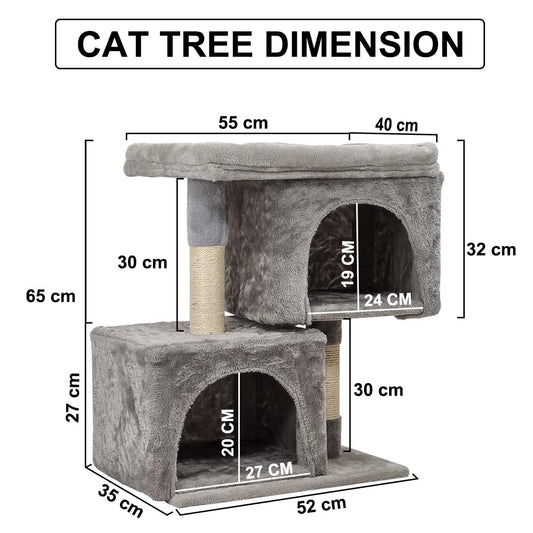 Cat Tree with Large Perch - 65cm Cat Tower House- Open Cat Bed - Spacious Cat Condos & Sisal Cat Scratching Post - Dangling Ball - Pet Tree for Indoor Cats & Kittens (Grey)