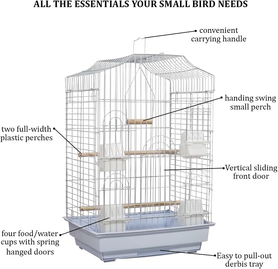 Bird cage for Budgies, Lovebirds, Finches, and Other small birds, Spacious and durable bird cage with Portable handle, Multiple perches, Feeding cups, and Removable tray 79 cm (White)