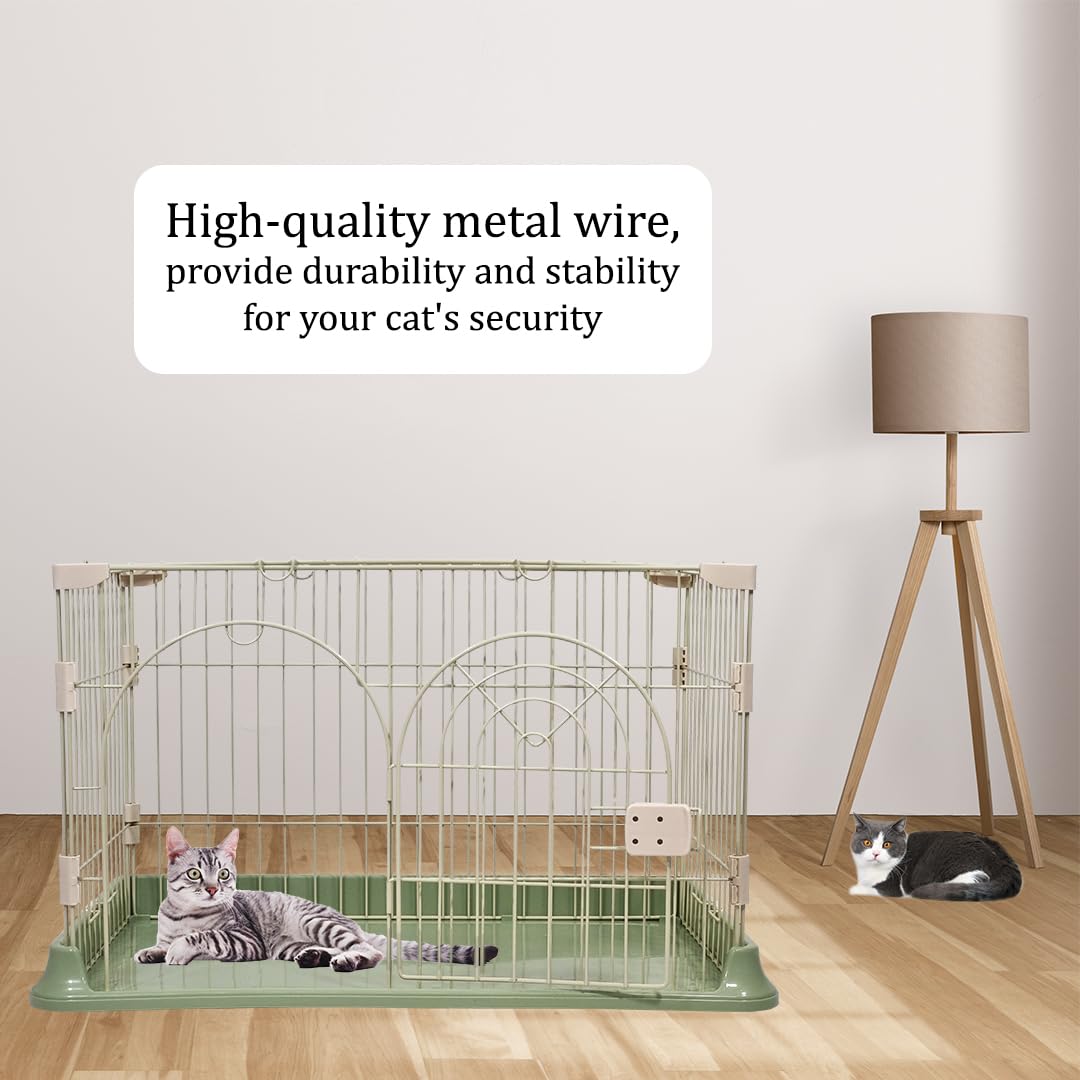 Cat Cage Indoor | Pet Playpen Cage | Metal Wire Single-layer Cat Crate with Splash-Proof Base & Spring Door Lock | Ideal for Indoor/Outdoor Use | Easy to Assemble (Green, 100cm)