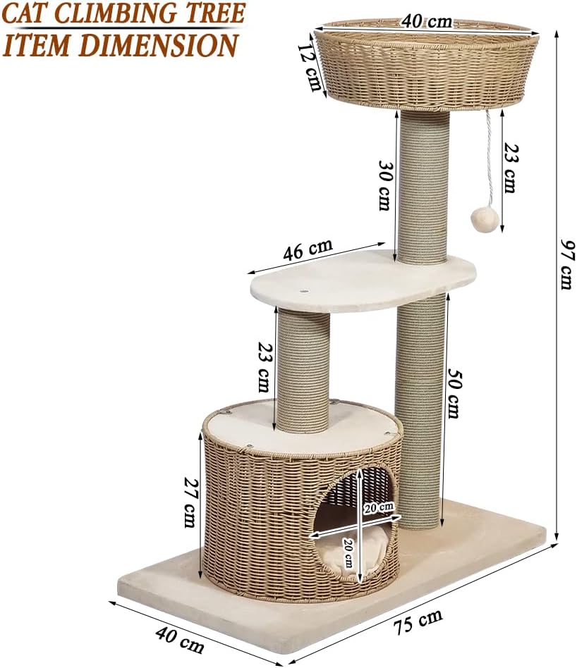 Cat tree with Scratching Post, Wicker basket, Hand-woven condo, and Dangling ball, 97 cm Indoor cat furniture for all cats, Multi-level cat tree, Easy assembly, & Cat climbing tower (Beige)