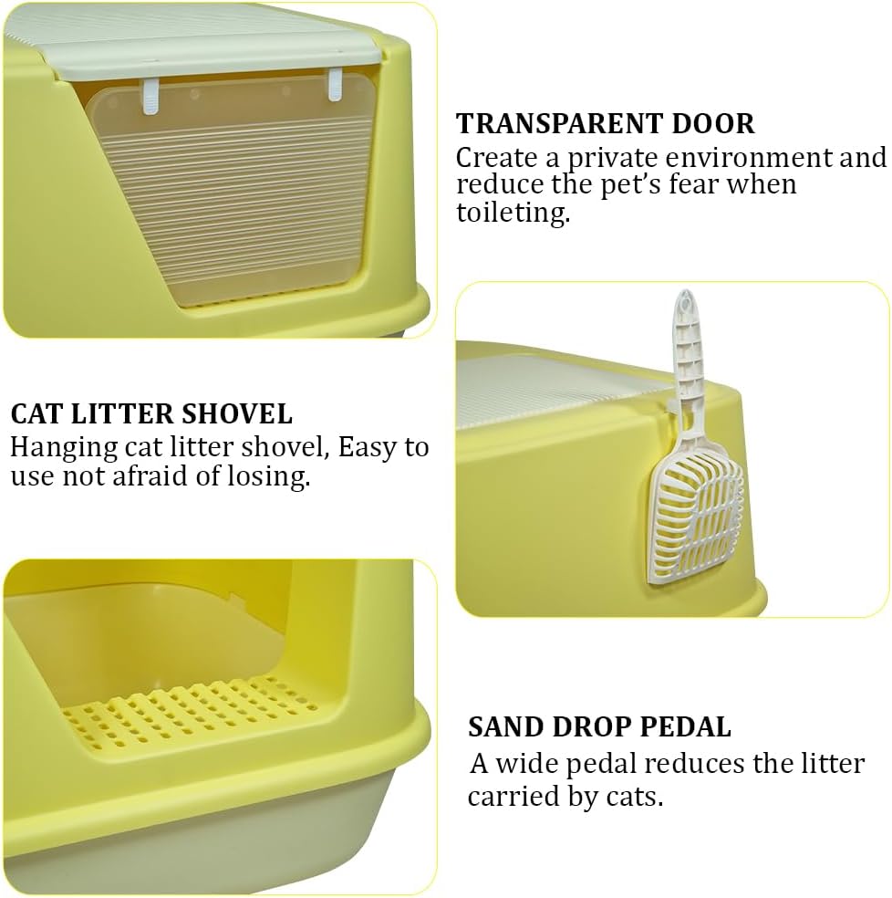 Enclosed cat litter box for Indoor cats & kittens, Durable plastic cat litter box with Transparent door, Litter scoop, and Sand drop pedal, Splash-resistant cat toilet, Easy to clean 65 cm