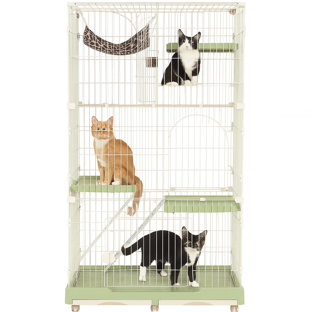 Large cat cage with 3 lockable doors, Hammock, Wide platforms, Climbing ladder, Removable tray, and Universal wheels, Durable metal wire cat cage for indoor & outdoor, Easy assembly 190 cm (Green)