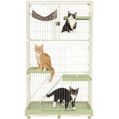 Large cat cage with 3 lockable doors, Hammock, Wide platforms, Climbing ladder, Removable tray, and Universal wheels, Durable metal wire cat cage for indoor & outdoor, Easy assembly 190 cm (Green)