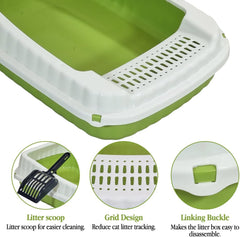 Semi-enclosed Cat litter box for Medium-sized cats, Odor control plastic cat toilet with Litter scoop, Grid design, Lightweight, and Raised fence, Detachable for easy cleaning, 49 cm