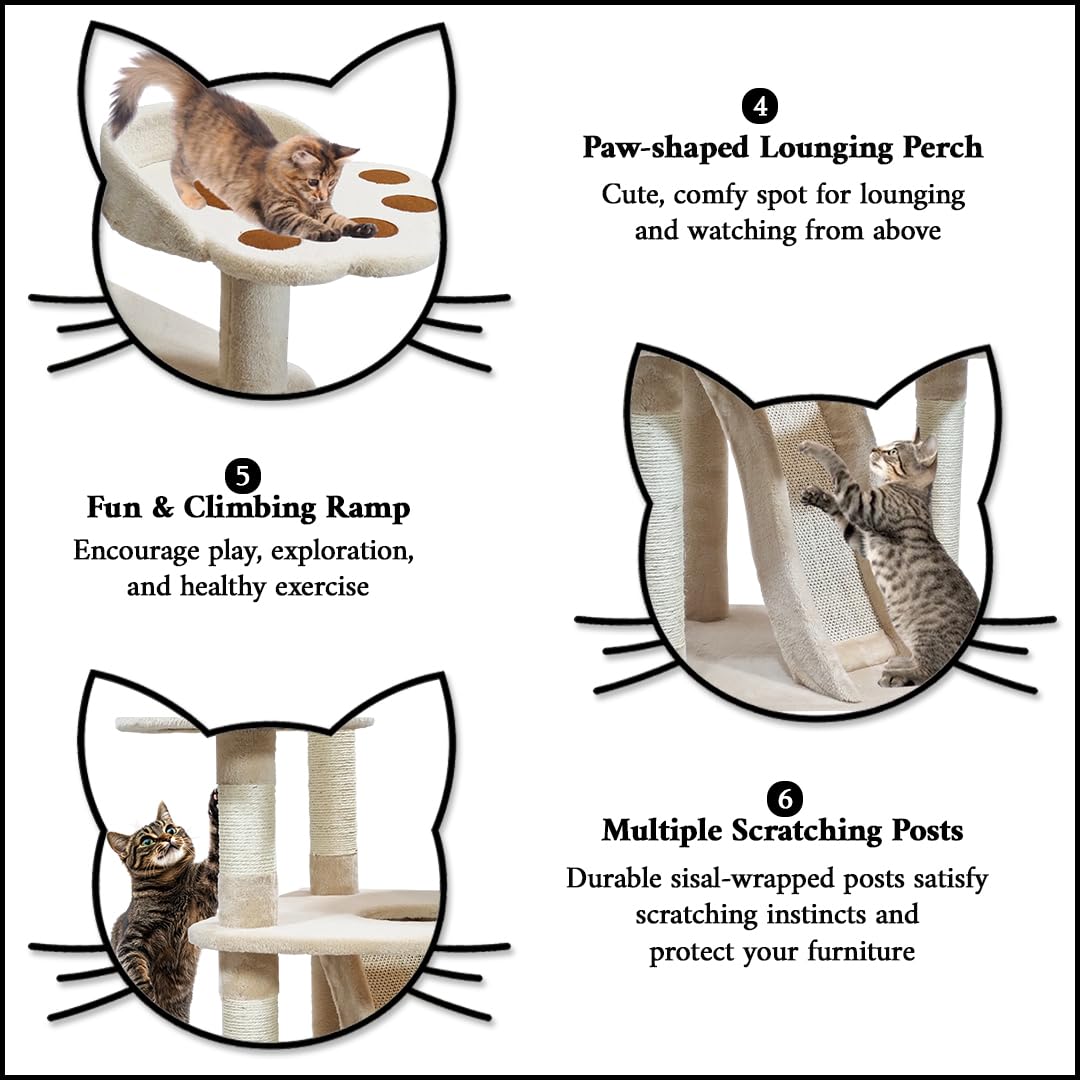 Multi-level Cat Tree for Big Cats | 111cm Cat Tower with Top Perch | Cozy Condo, Soft Hammock & Paw Shape Perch | Indoor Cat Playground with Sisal ladder, Sisal Scratching Posts