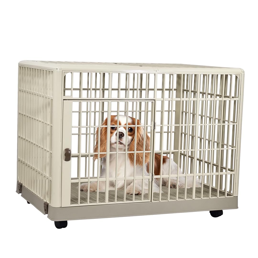 Dog cage for medium to large breeds, Spacious Indoor/Outdoor pet cage with Open-top design, Lockable door, Durable ABS material, and Universal wheels, Easy to assemble, 82 cm (Khaki)