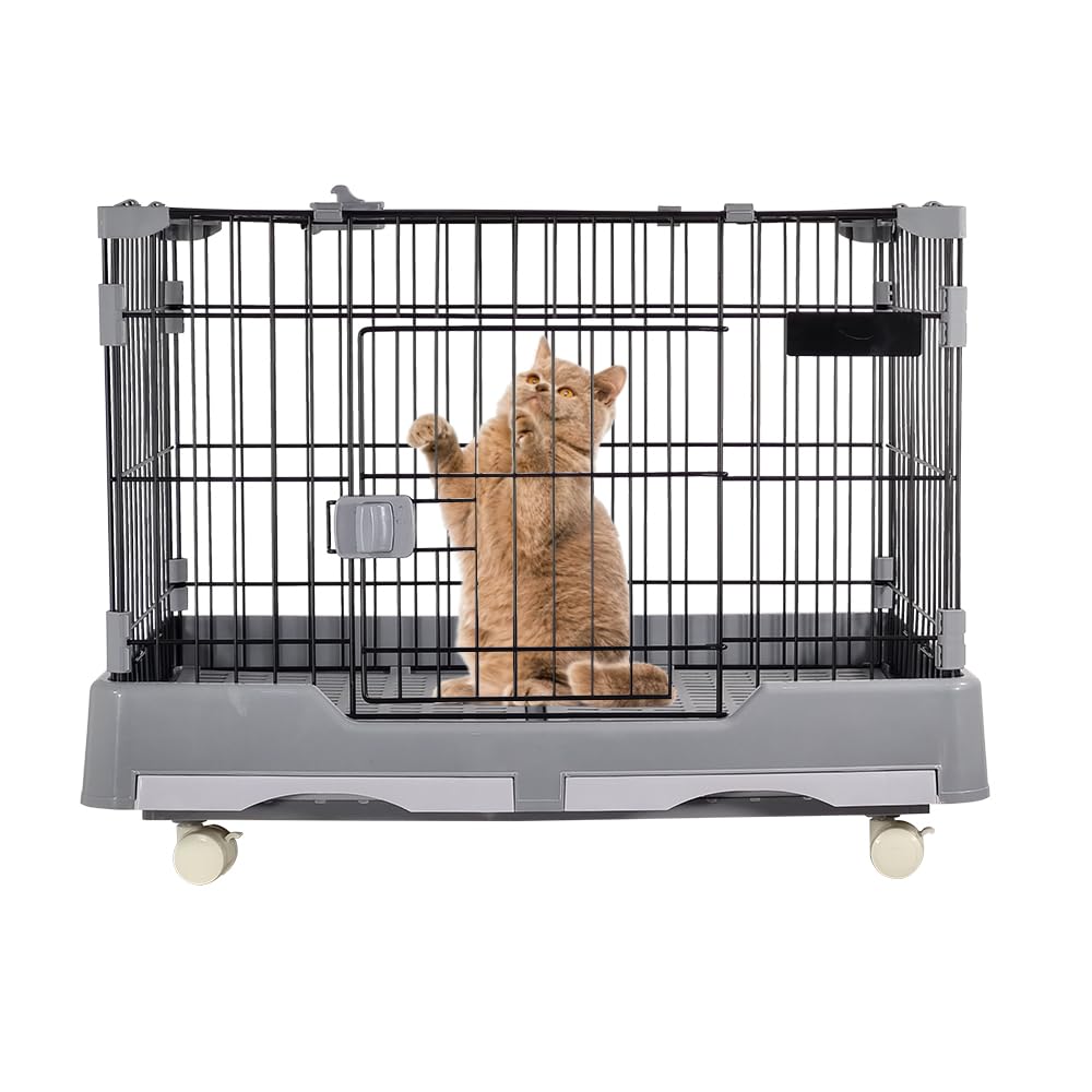 Cat cage playpen for cats & small dogs, Durable meta wire cat cage with Open-top design, Lockable door, Removable tray, and Universal wheels, Ideal for indoor/outdoor, Easy assembly 75 cm (Grey)