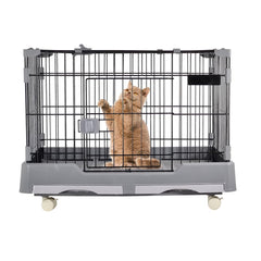 Cat cage playpen for cats & small dogs, Durable meta wire cat cage with Open-top design, Lockable door, Removable tray, and Universal wheels, Ideal for indoor/outdoor, Easy assembly 75 cm (Grey)
