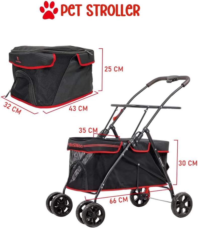 Cat Stroller | Dog Stroller with Adjustable Canopy & Spacious Interior | Pet Stroller for Dog & Cats | Lightweight, Foldable, Storage Bag & Universal Wheels | Travel & Outdoor(Midnight Black)