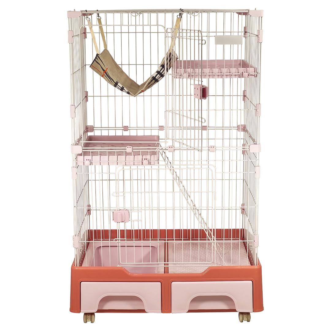 Cat Cage Playpen for Multi-Cat Household, 3-Tier Cat Cage with Cozy Hammock, Wide Platform, Climbing Ladder, Build-in Litter Box & Universal wheels, Ideal for Indoor/Outdoor Use 133 cm (Pink)