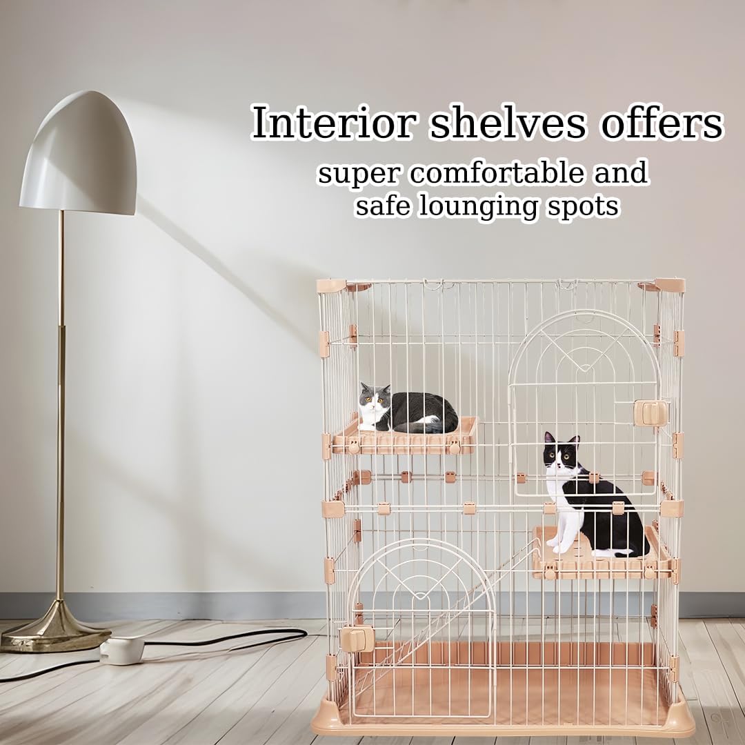 Cat cage with 2-Tier design, Wide platforms, 2 Lockable doors, and Climbing ladder, Durable metal wire pet cage for Indoor cats & kittens, Ideal for indoor/outdoor use, Easy to assemble 88 cm (Pink)