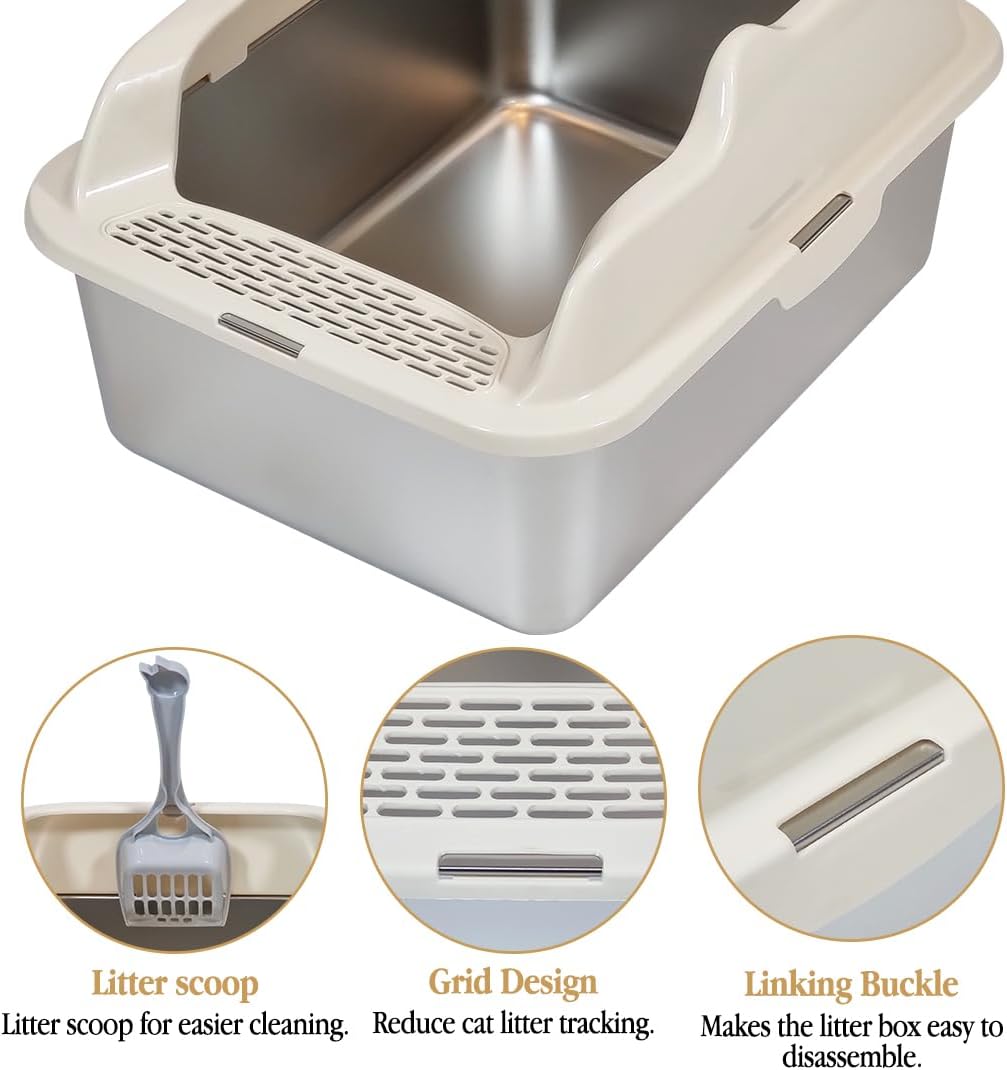 Stainless steel cat litter box with Scoop, Anti-splash design, Grid design, Non-stick, and Odor resistant, Open top kitty toilet for Indoor cats & kittens, Easy to clean