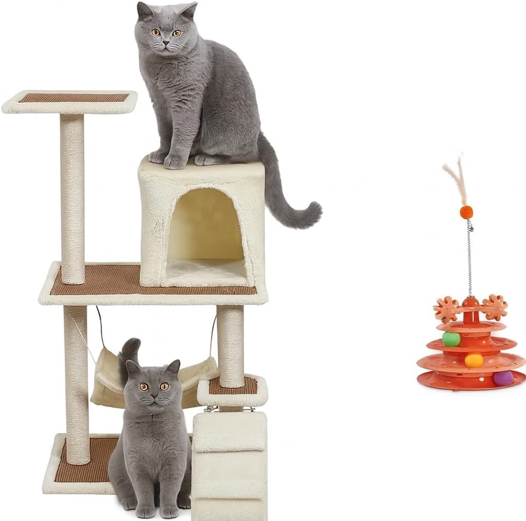 Cat Tree for Large Cats with Toy - Cat House with Padded Perch - Cozy Cat Condos & Scratching Posts - Premium Quality Multi-level Cat Tower for Indoor Cats & Kittens (Khaki, Large)