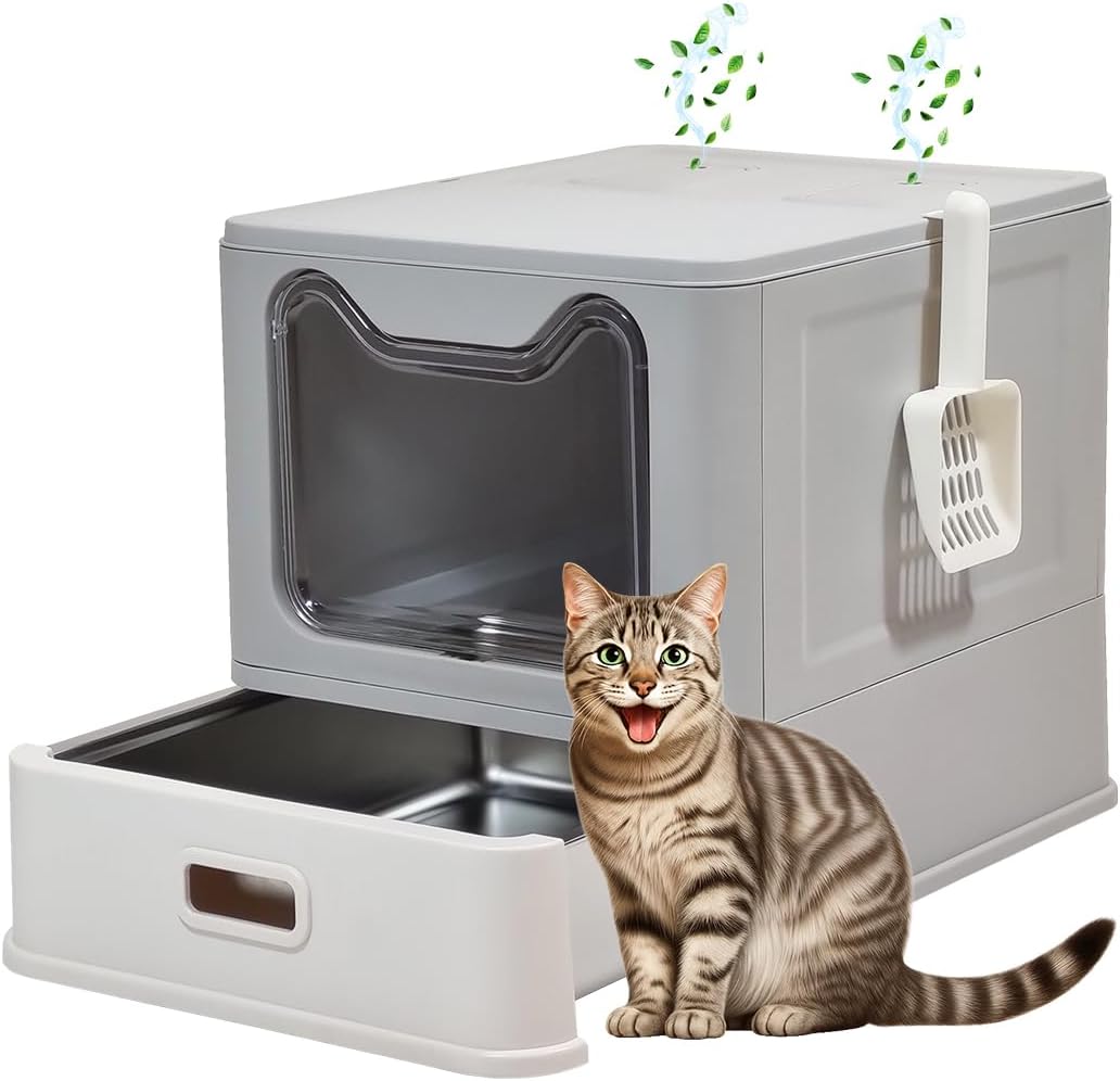 Enclosed stainless steel cat litter box with Lid, Drawer design, Litter scoop, Durable PS material, and Odor control filter, Ideal for Small to Large cats, Easy to clean, 50 cm