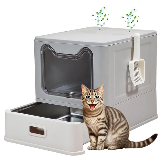 Enclosed cat litter box for Indoor cats, Heavy-duty stainless steel cat toilet with Lid, Drawer design, Litter scoop, Durable PS material, and Odor control filter, Easy to clean, 50 cm (Grey)